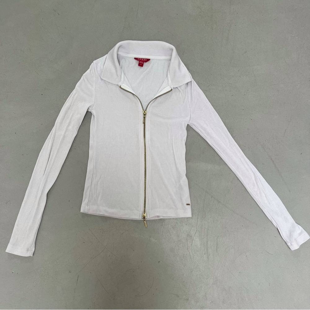 Guess white long sleeve top double zipper and collar